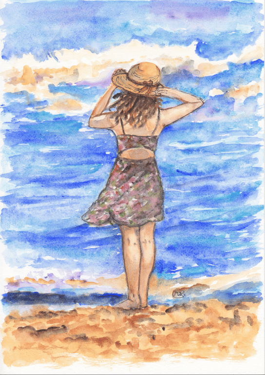 Girl at the Sea original painting. Beach, Sea, Sunshine, Girl