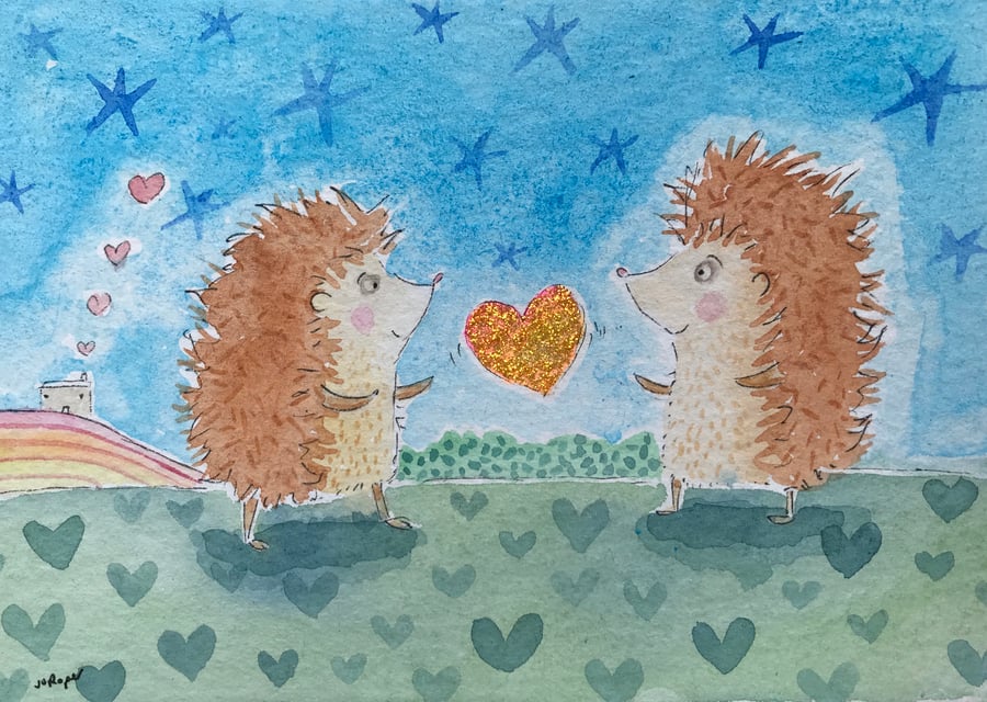 Hedgehogs playing together Original painting Jo Roper