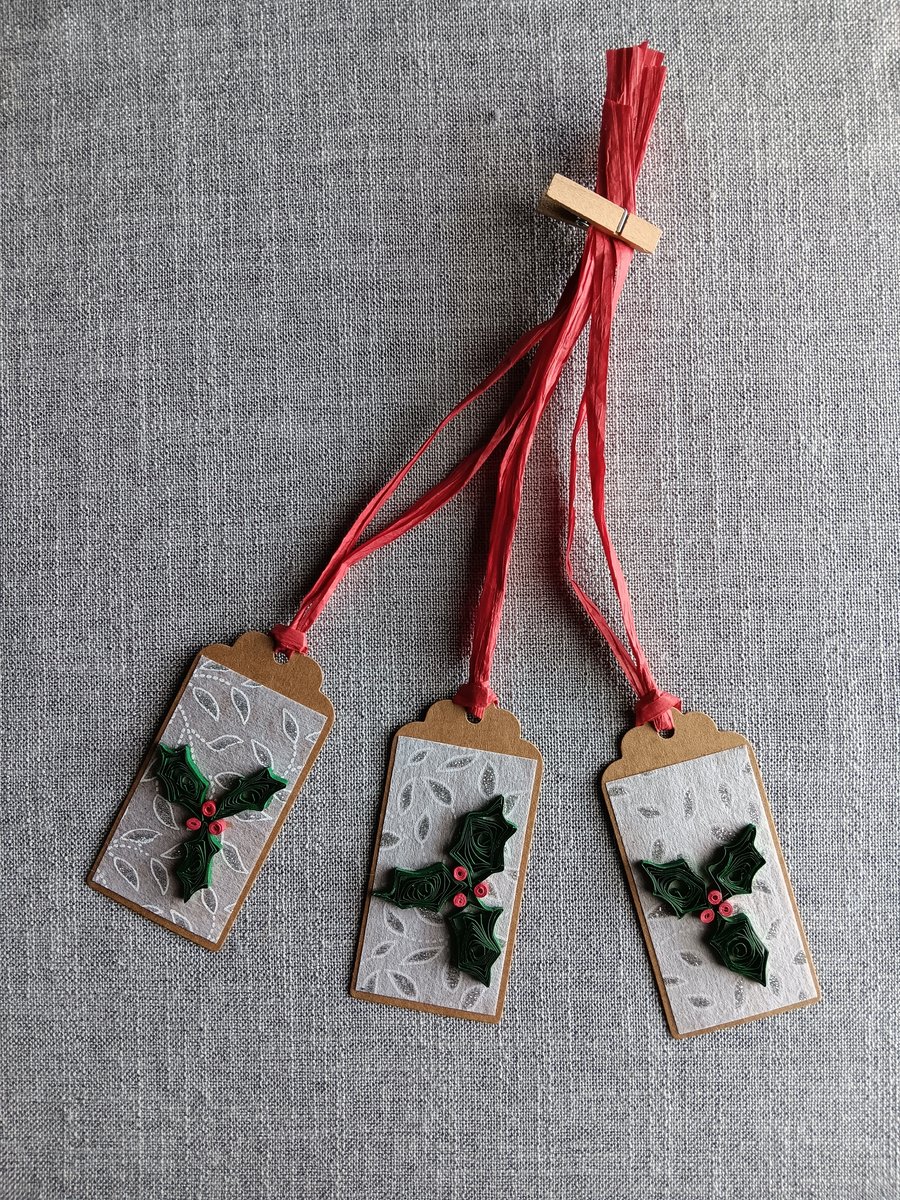 Unique Handcrafted Quilled Holly Gift Tags, Pack of 3