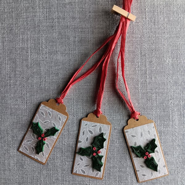 Unique Handcrafted Quilled Holly Gift Tags, Pack of 3