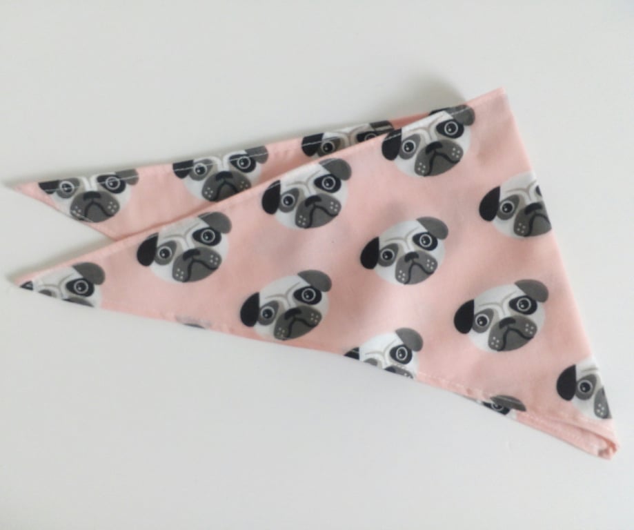 Dog Bandana, small size, 11"-15", Pug, dog, pink,  neckerchief style, reversible