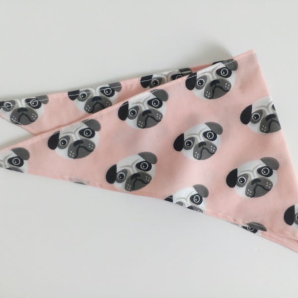 Dog Bandana, small size, 11"-15", Pug, dog, pink,  neckerchief style, reversible