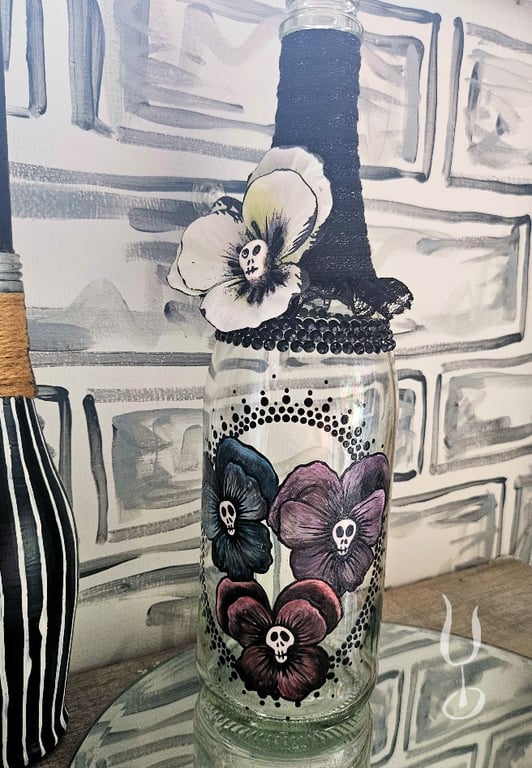 Possessed pansies (faded)- Decorative Upcycled Bottle 