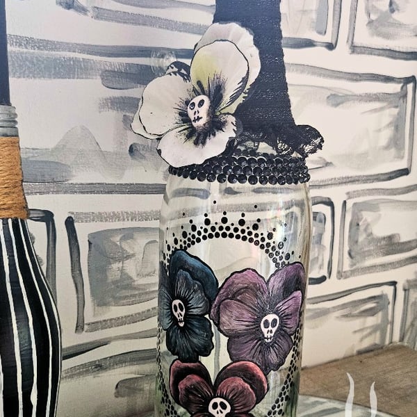 Possessed pansies (faded)- Decorative Upcycled Bottle 