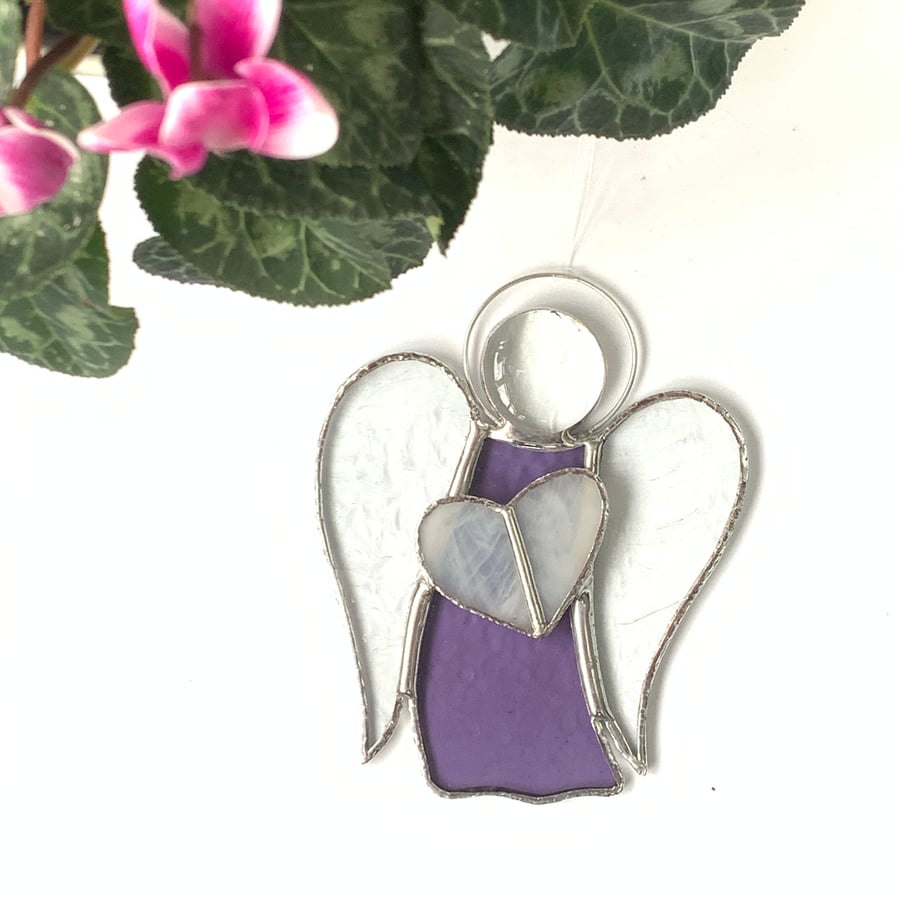 Stained Glass Guardian Angel Suncatcher -  Handmade Window Decoration - Mauve 