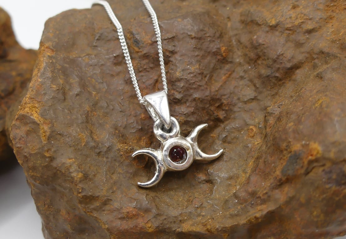Recycled Sterling Silver Triple Moon with Garnet Pendant Necklace.