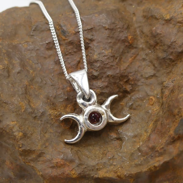 Recycled Sterling Silver Triple Moon with Garnet Pendant Necklace.