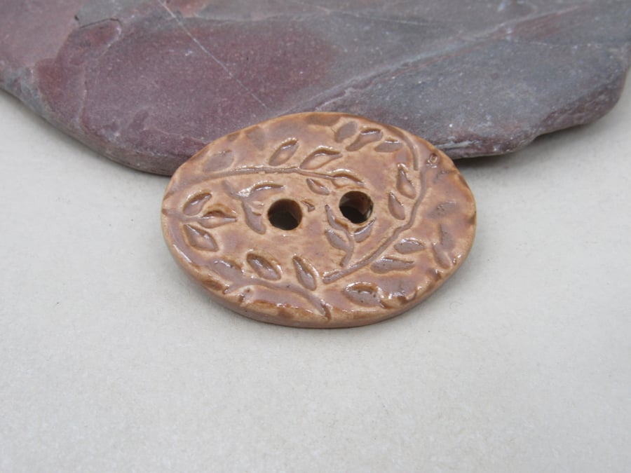 Large Sand Brown Sprig Oval Handmade Ceramic Button