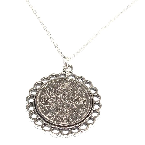 Fine Pendant 1964 Lucky sixpence 60th Birthday plus a Sterling Silver 18in Chain