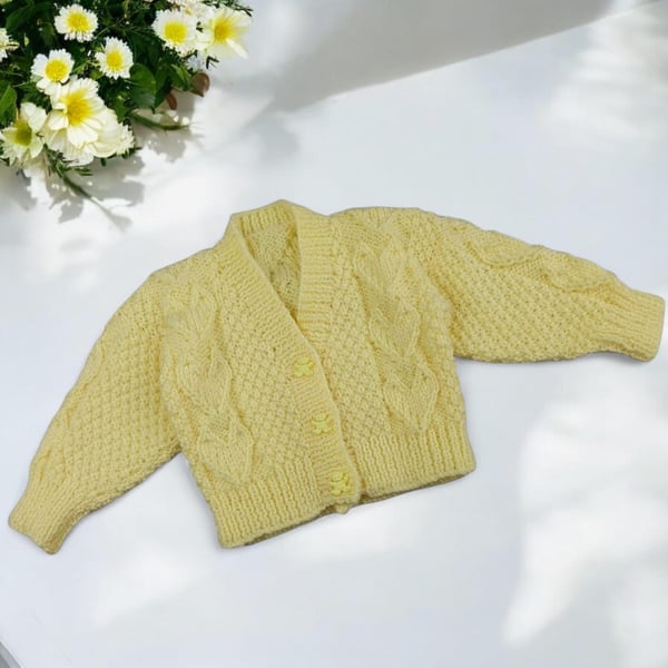 Lemon Baby Cardigan Hand Knitted 0-3 Months, Gender Neutral Heart Design