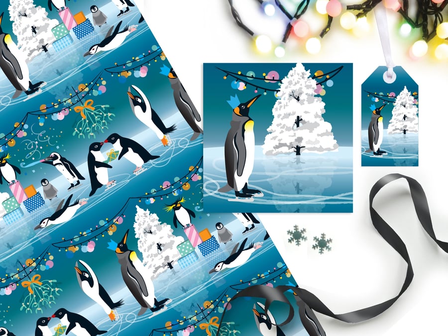 Penguin Party Christmas Gift Wrapping Paper Set  - Eco Friendly, Compostable