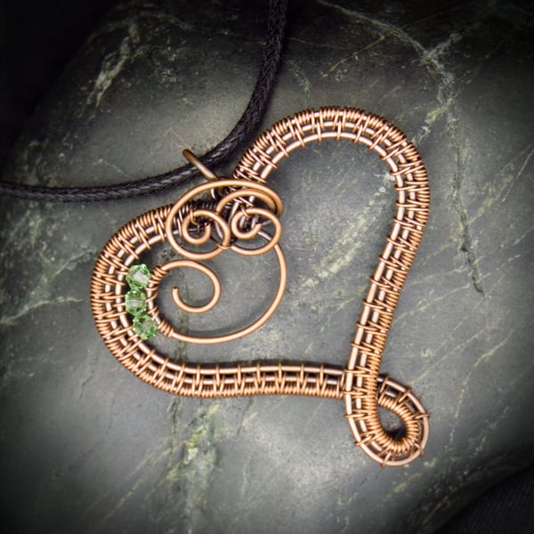 August Copper Heart Birthstone Pendant - Peridot Crystal Beads
