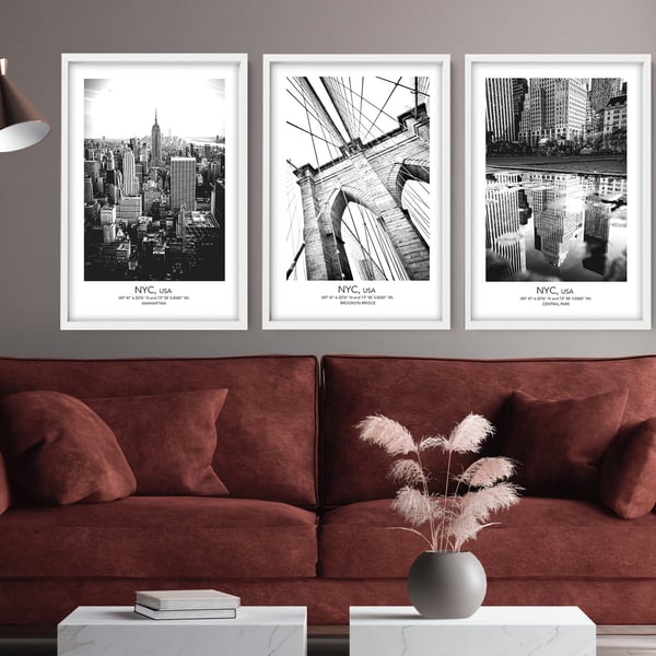 Set x 3 New York Prints, Travel wall art, Home Decor, Wall hanging, Above bed de