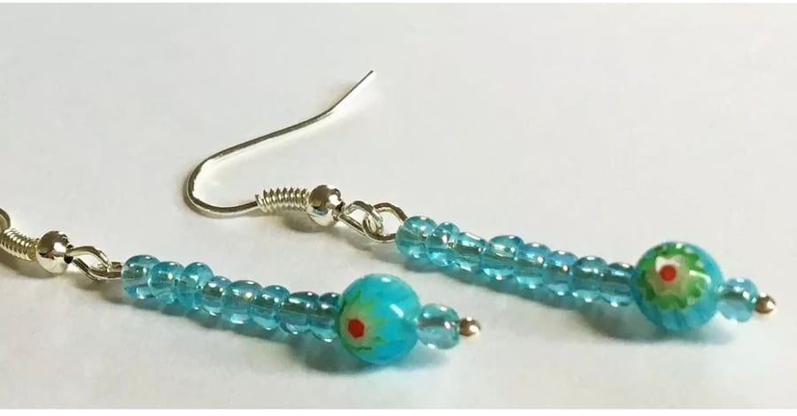 Aqua Blue Dangle Earrings with Millefiori Bead