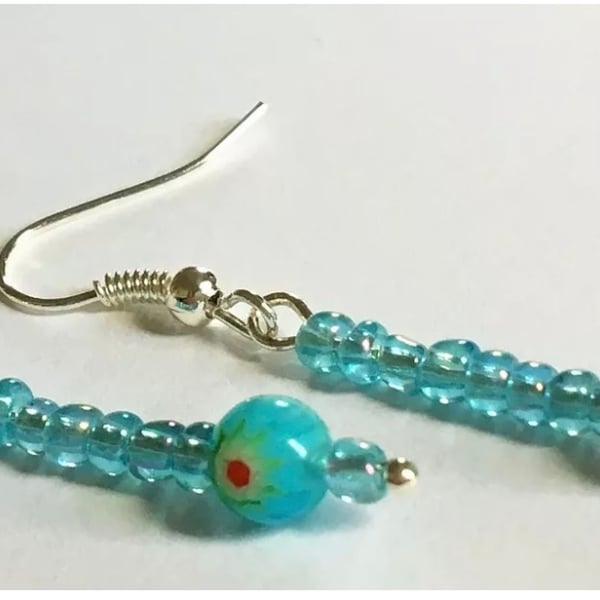 Aqua Blue Dangle Earrings with Millefiori Bead