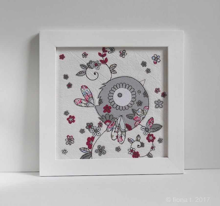 freehand embroidered floral bird original textile art
