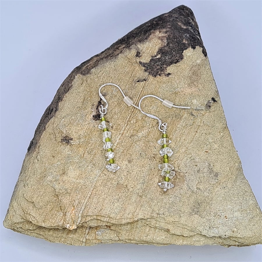 Handmade Sterling Silver Dangle Earrings - Herkimer Diamond and Peridot