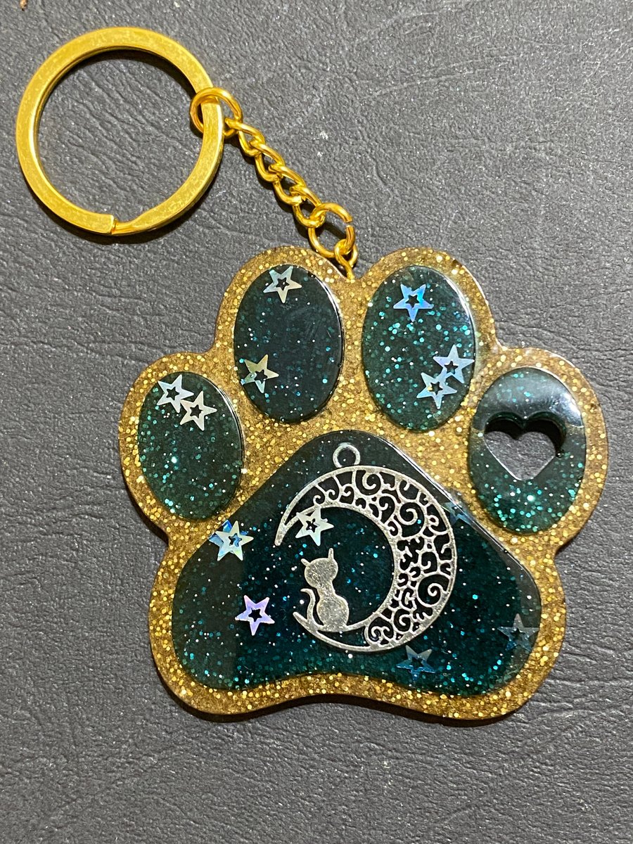 Handmade Cat on Moon Paw-Shaped Keyring in Blue, Gold and Silver