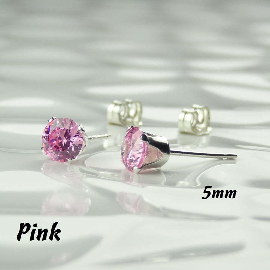 Cubic Zirconia stud earrings, sterling silver or 14k gold filled, pink, 5mm