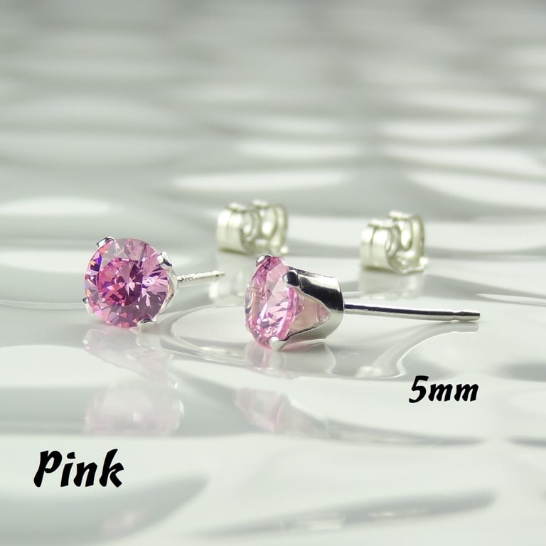 Cubic Zirconia stud earrings, sterling silver or 14k gold filled, pink, 5mm
