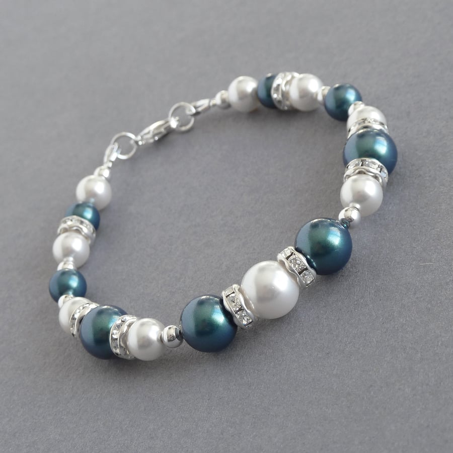 Dark Green Pearl and Crystal Bracelet - Teal Bridesmaids or Wedding Jewellery