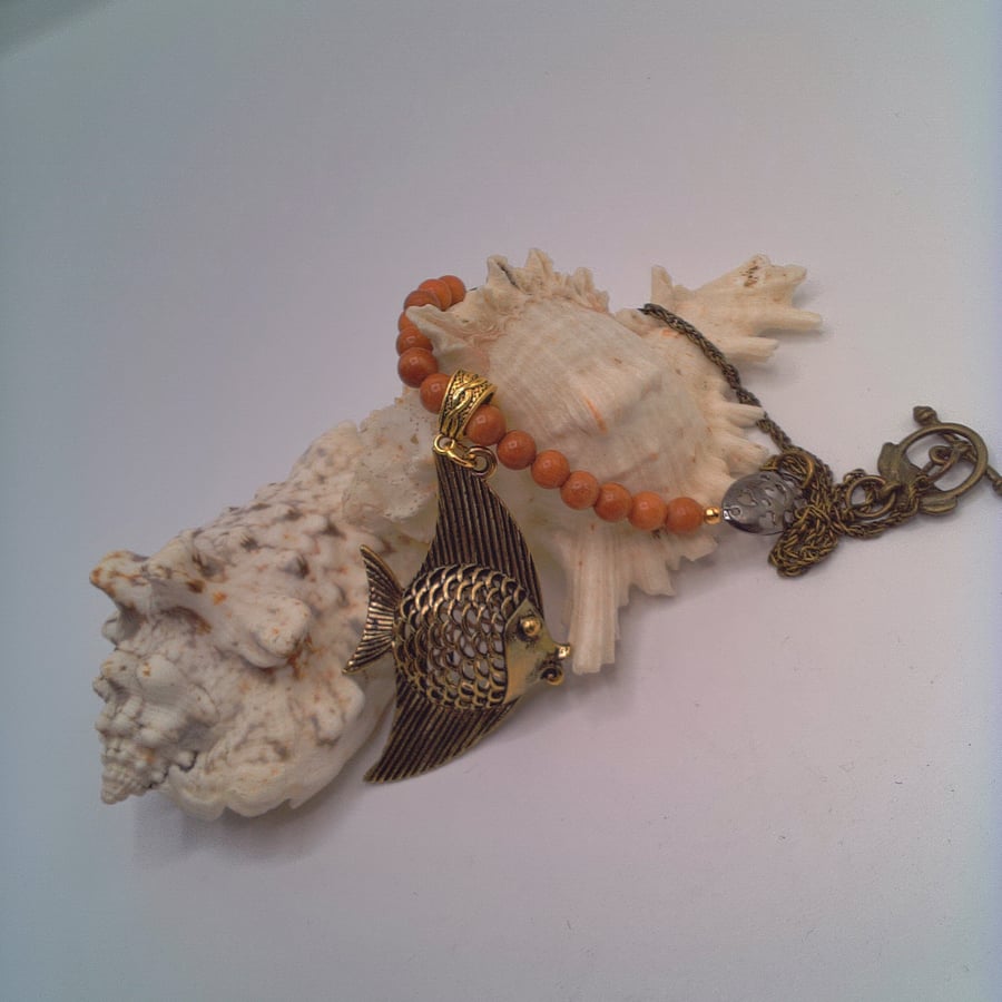 Bronze 3-D Fish Pendant Necklace on a Mahogany Jasper and Bronze Necklace
