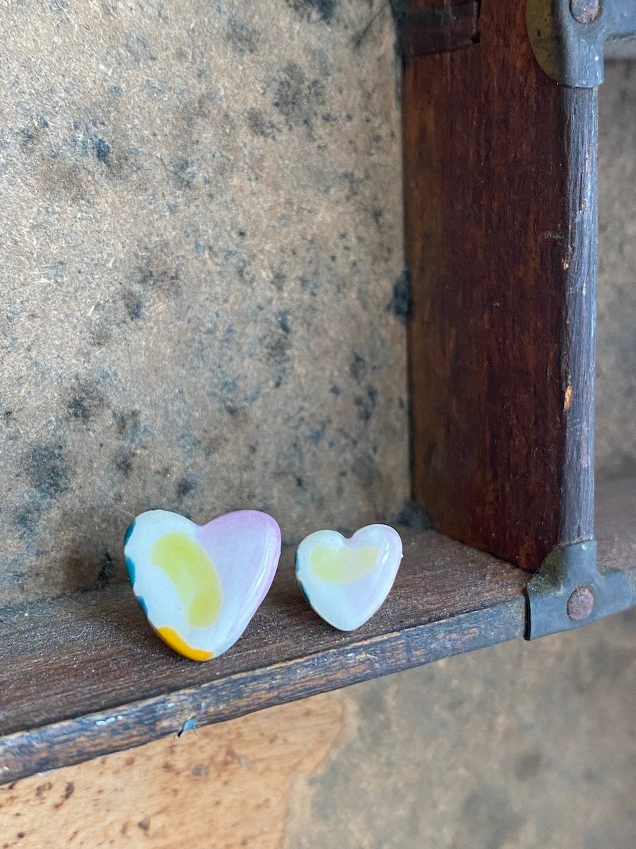 Stud earrings Handmade Ceramic Hearts on Sterling Silver