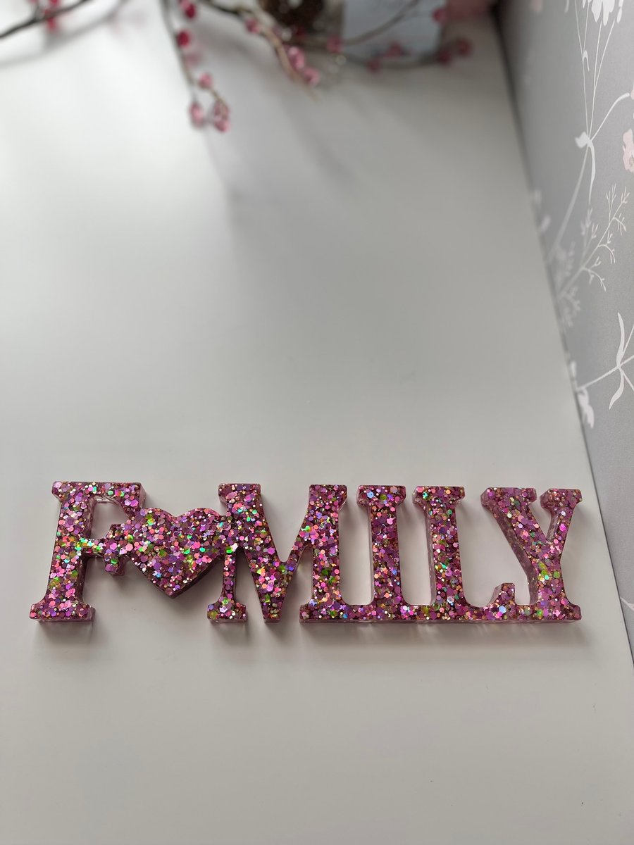 Pink Iridescent glitter 25cm Family sign with love heart handmade with FREE POST