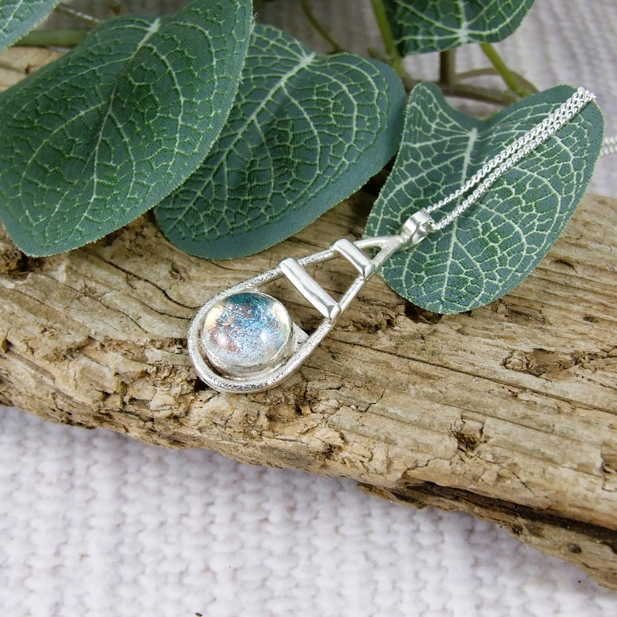 Necklace, Silver Teardrop Pendant with Sparkly Ice Dichroic Glass