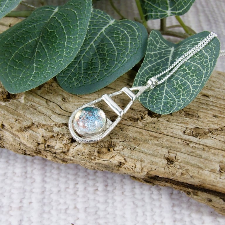 Necklace, Silver Teardrop Pendant with Sparkly Ice Dichroic Glass