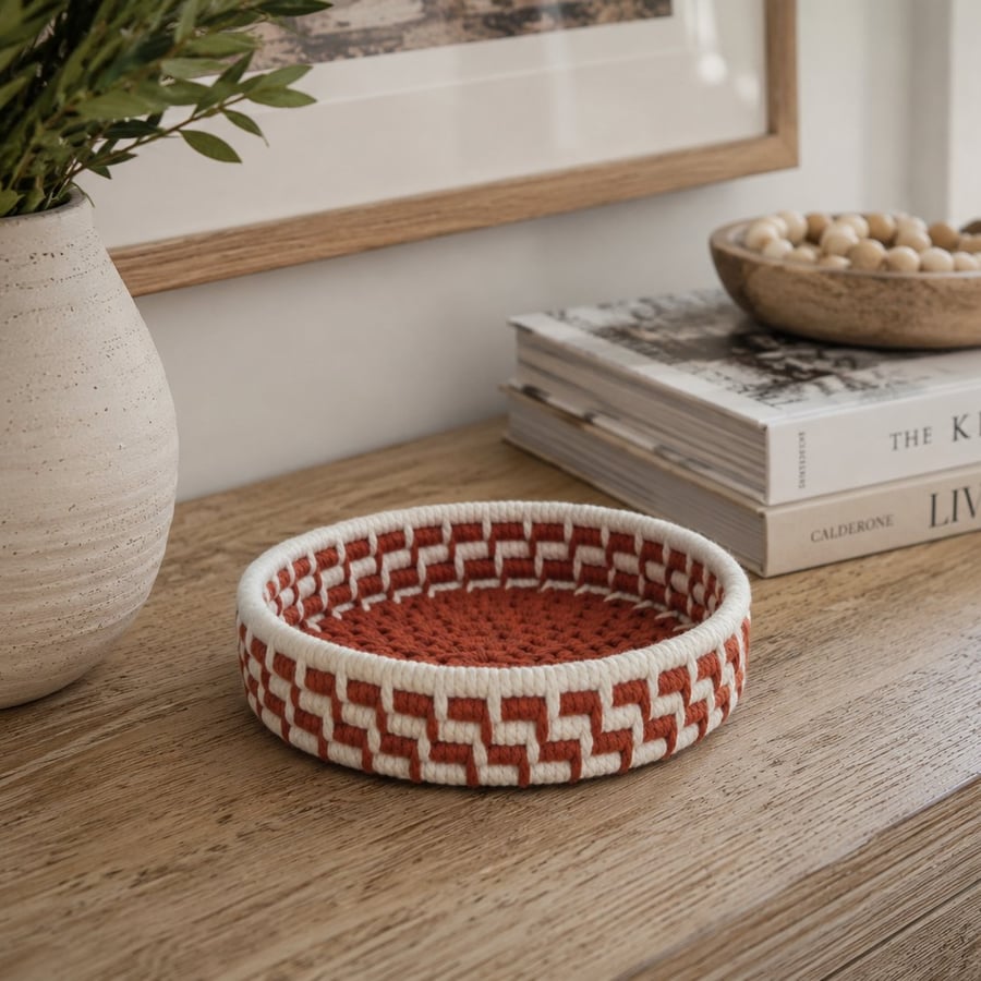 Handmade Coiled Macramé Basket - Rust & Off White Decorative Basket