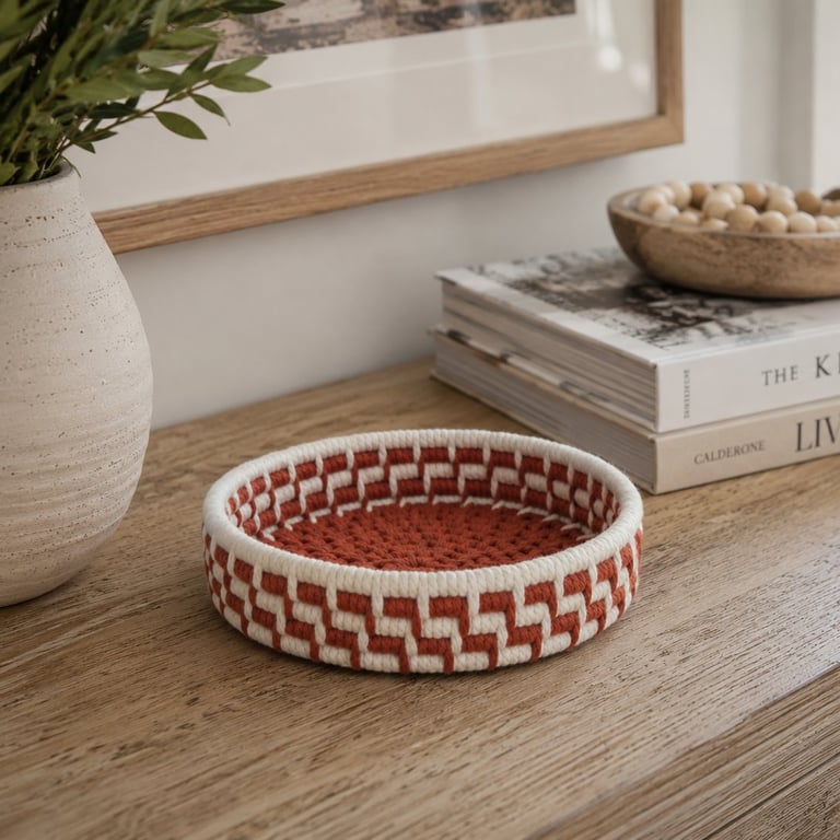 Handmade Coiled Macramé Basket - Rust & Off White Decorative Basket