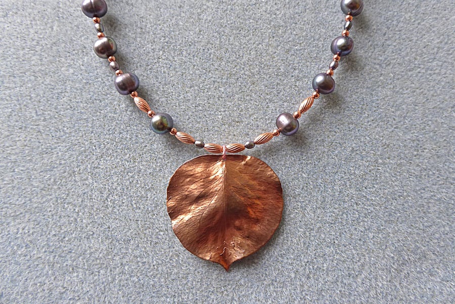 Real Aspen Leaf, Copper, Pearls Necklace. Nature Jewellery, Pagan 