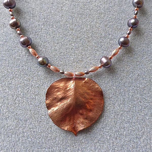 Real Aspen Leaf, Copper, Pearls Necklace. Nature Jewellery, Pagan 