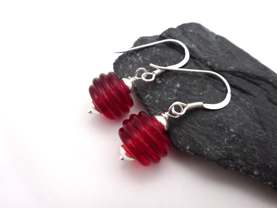 red ribbed lampwork glass earrings