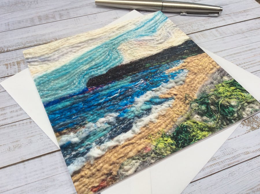 Embroidered seascape printed art card, greetings card or any occasion card. 