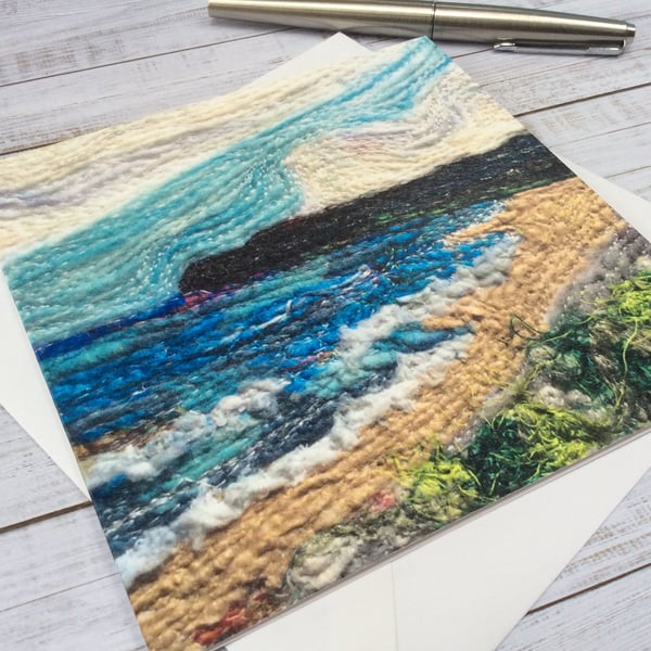 Embroidered seascape printed art card, greetings card or any occasion card. 