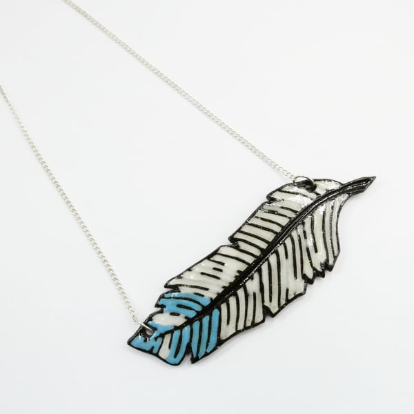 Feather necklace, ceramic statement necklace in blue white