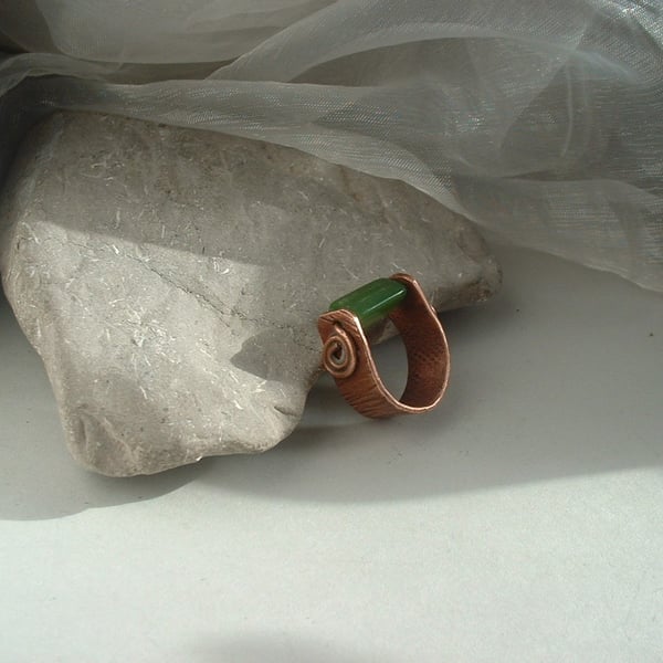 Rustic Copper Finger Thumb Ring with polished green stone