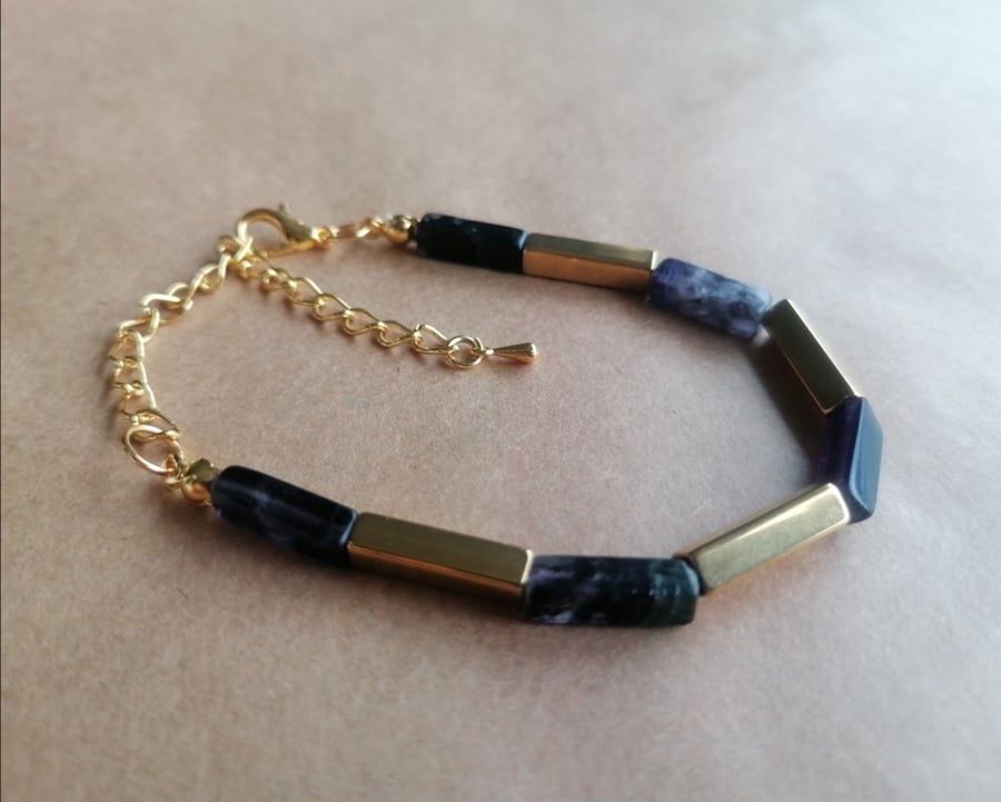 Fluorite five bar bracelet, purple and green 