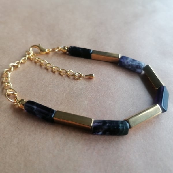 Fluorite five bar bracelet, purple and green 