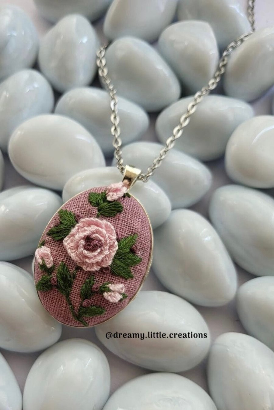 Rose necklace,Pink necklace,Embroidered necklace,Floral necklace,Handmade neckla