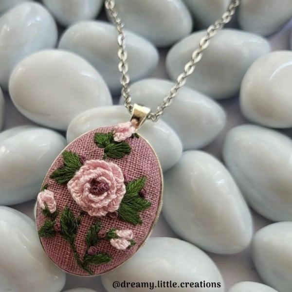 Rose necklace,Pink necklace,Embroidered necklace,Floral necklace,Handmade neckla