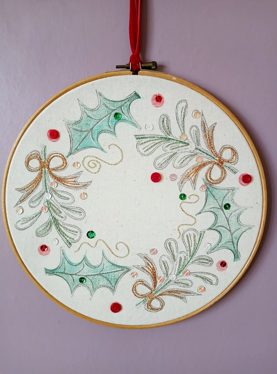 Lino Printed and Hand-Stitched Festive Wreath, Bronze Bows and Gold Swirls