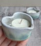 Perfectly imperfect Pair of white and turquoise ceramic heart tealight holders - Image 7