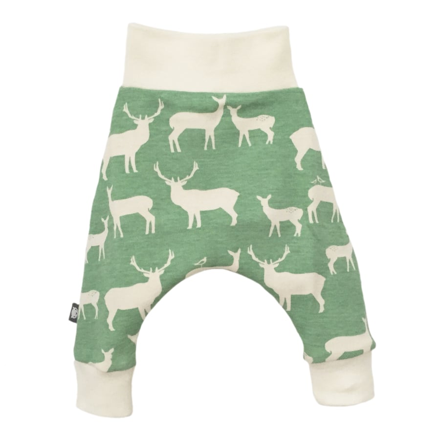 Baby harem pants, Relaxed Unisex Organic trousers in Green Elks, new baby gift