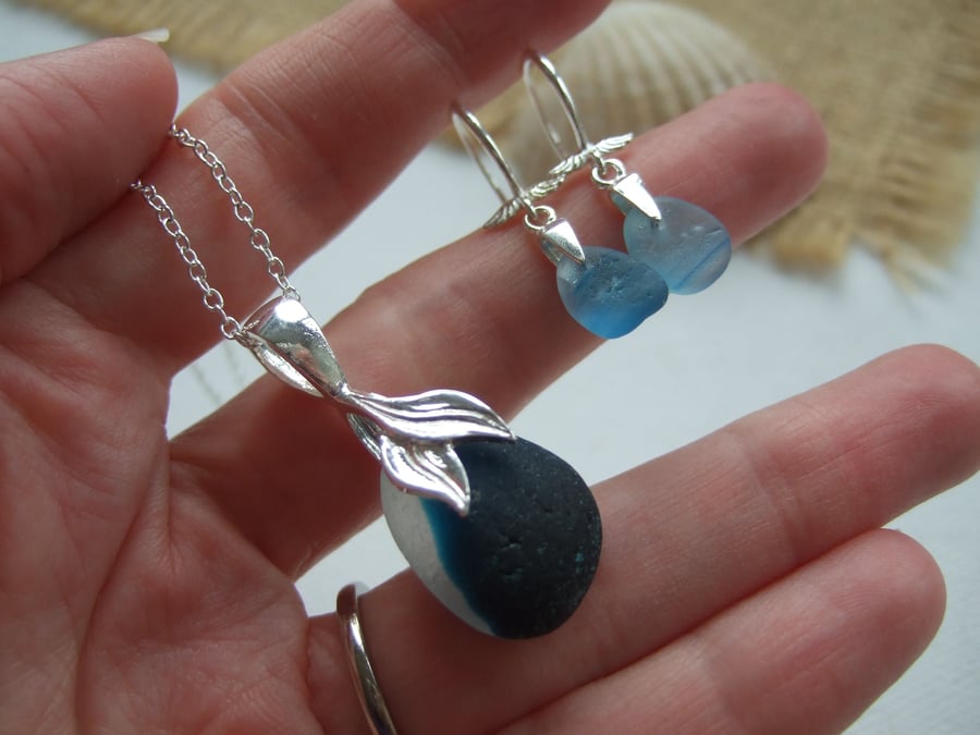 Turquoise Seaham sea glass earring and necklace set, blue sea glass jewelry set