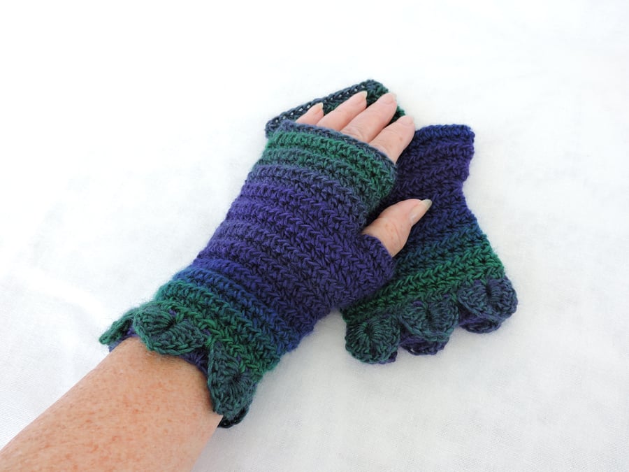Fingerless Mitts with Dragon Scale Cuffs Emerald Green Royal Blue