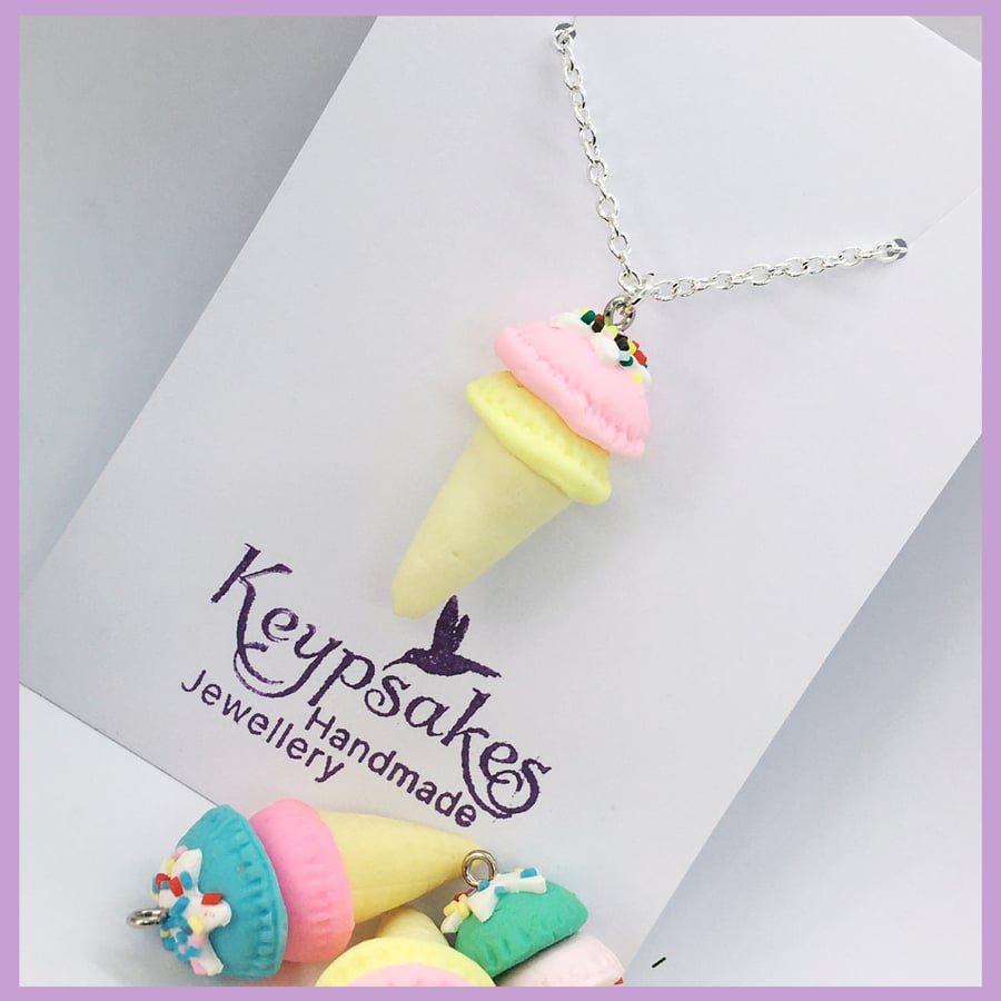 Ice Cream necklace, silver plated chain, 3 chain lengths