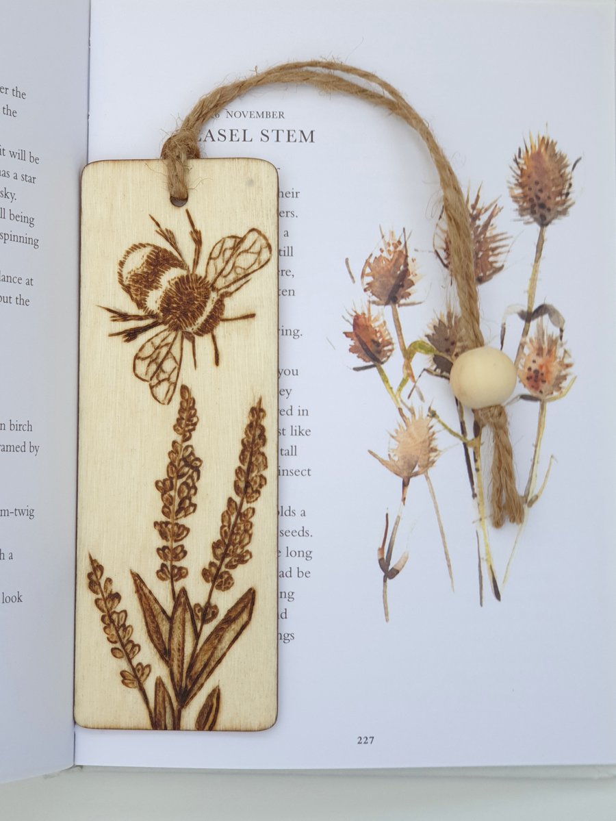  Bee and lavender pyrography wooden bookmark, bee lover gift